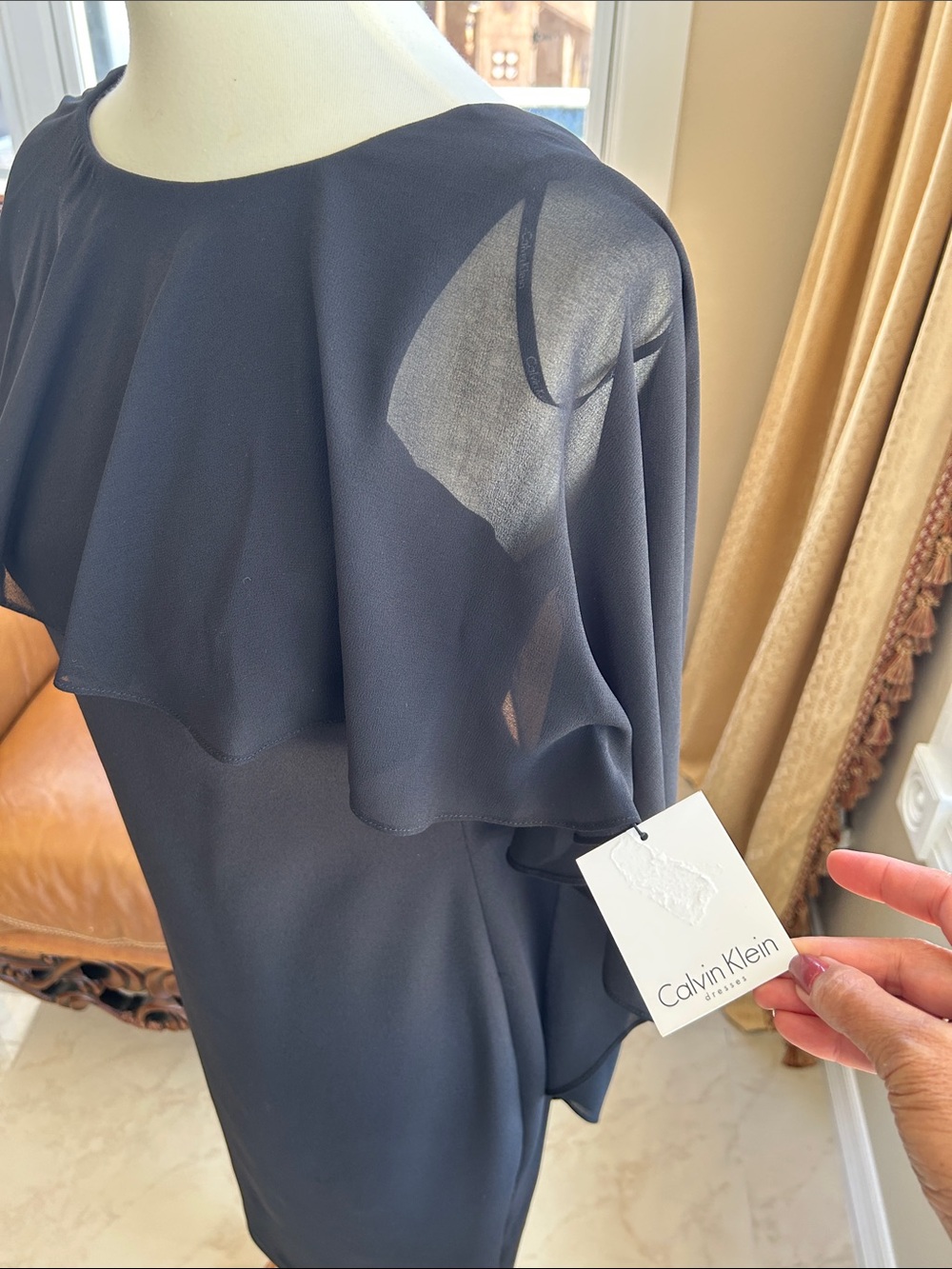 Calvin Klein Black Midi Sheath Dress with Cape Overlay - Picture 2 of 7
